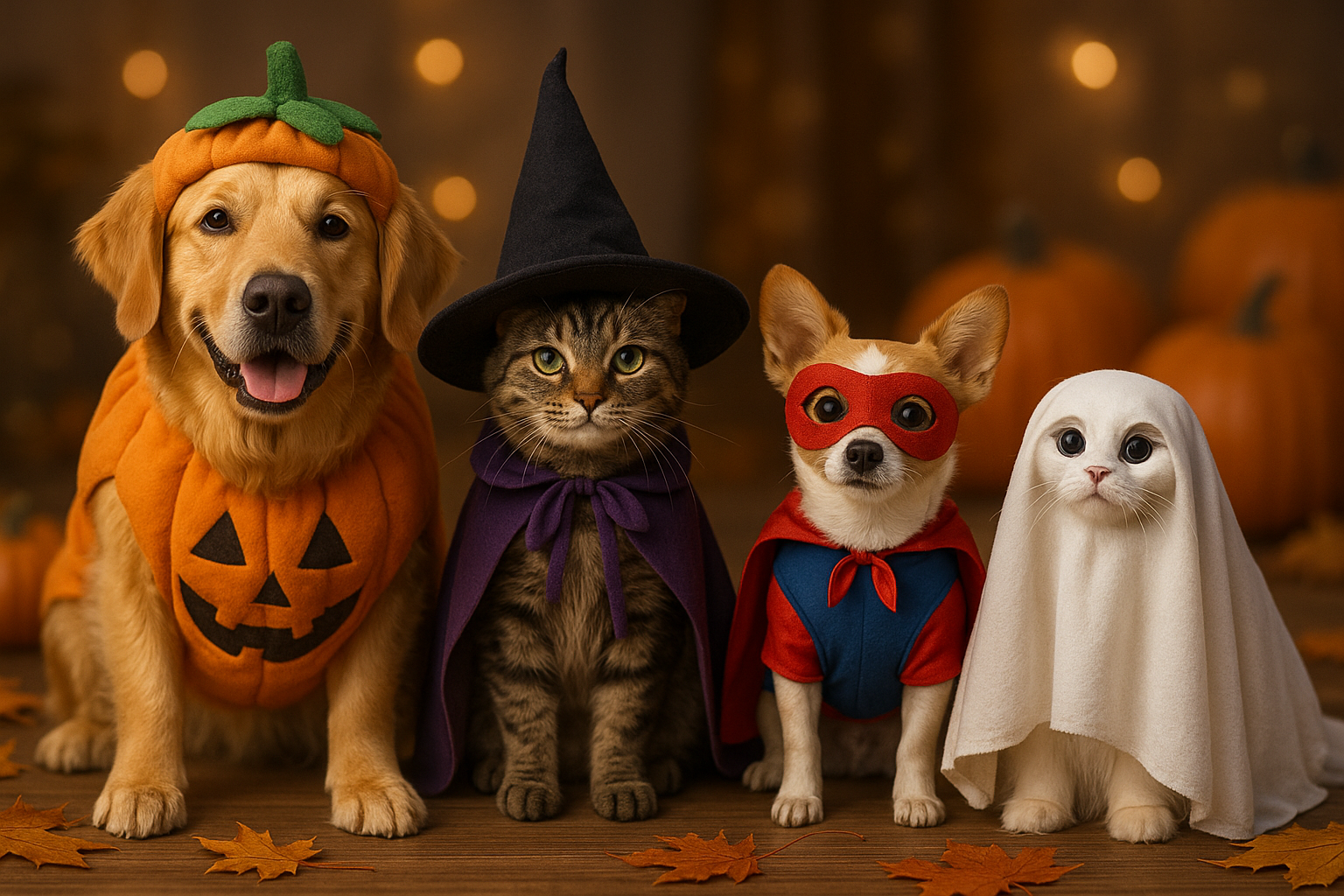 a photorealistic 3d image of pet halloween costumes