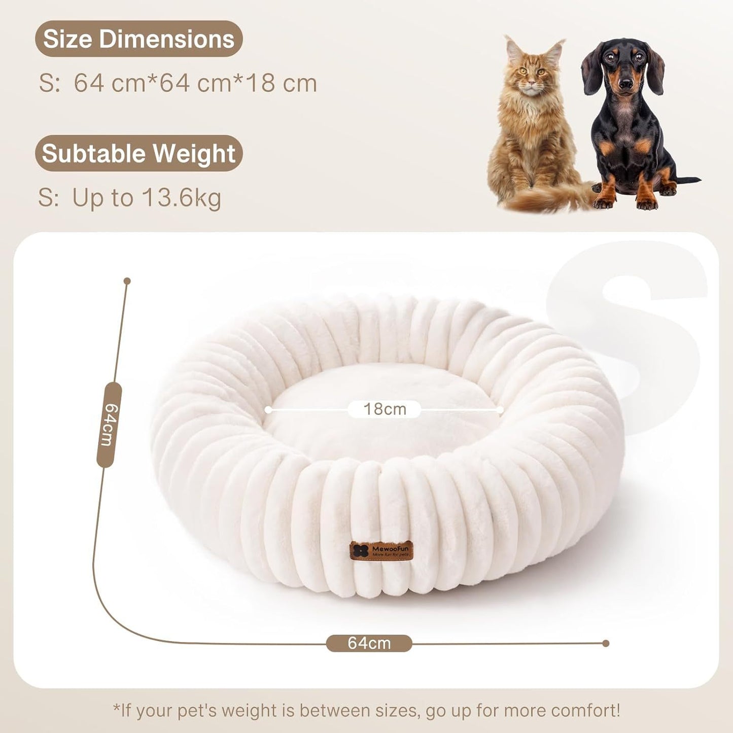 MEWOOFUN Donut Dog Bed For Small Dogs - Calming Round Fluffy Pet Bed With Non-Slip Bottom, Washable Puppy & Kitten Bed 25x25x7 Inch, Cream