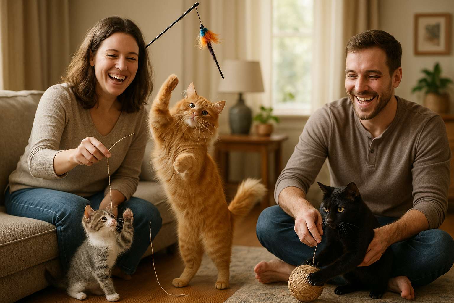 a 3D photorealistc cute image of cats and playing with their owners