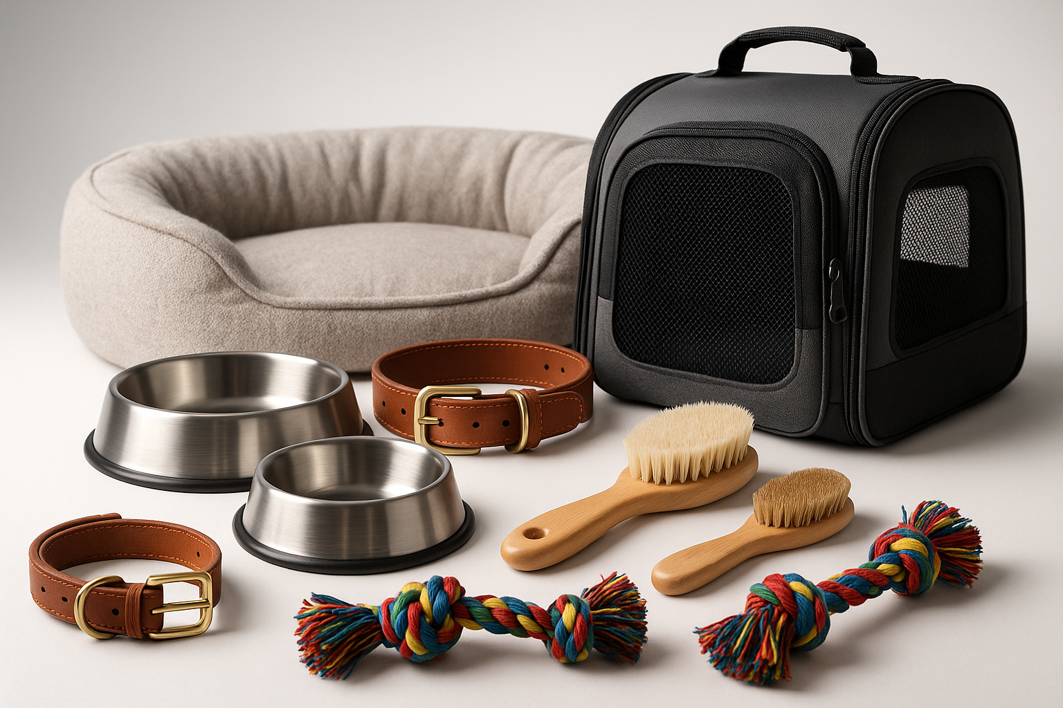 Create a photorealistic 3D rendering of pet care accessories with accurate material textures, professional studio lighting, and high-resolution detail. Ensure the composition is visually appealing and the accessories appear as if they are photographed in a real-world setting.